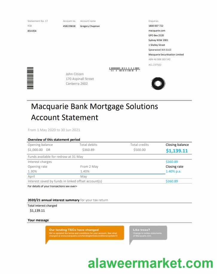 Australia Macquire Bank statement easy to fill template in Excel and PDF format